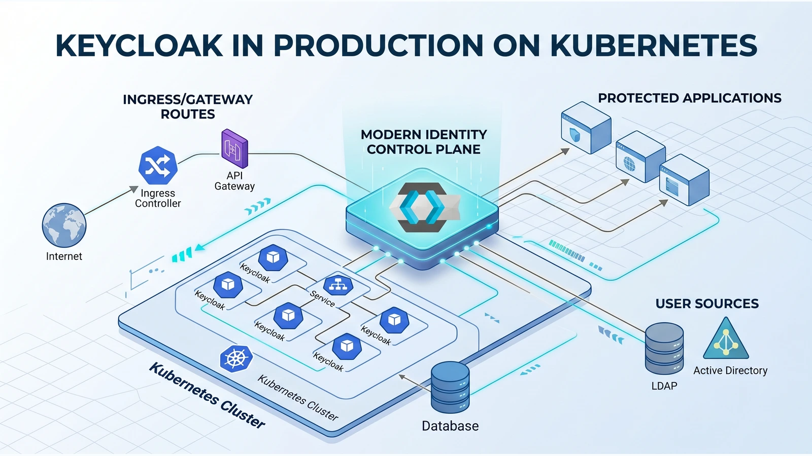 Keycloak production architecture control plane rendered as a Kubernetes identity platform map