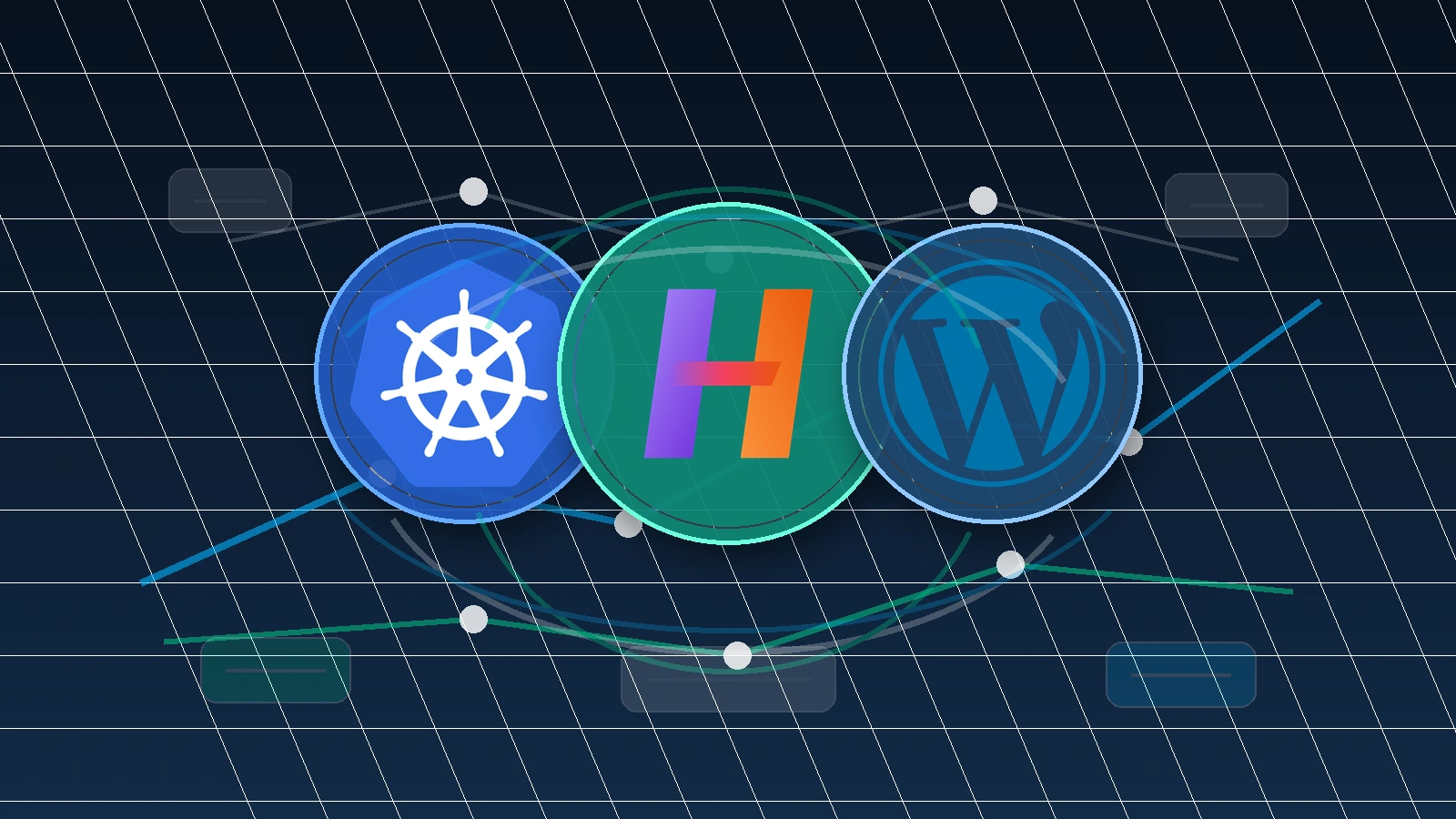 Merged HelmForge, Kubernetes, and WordPress logos over a production WordPress architecture map